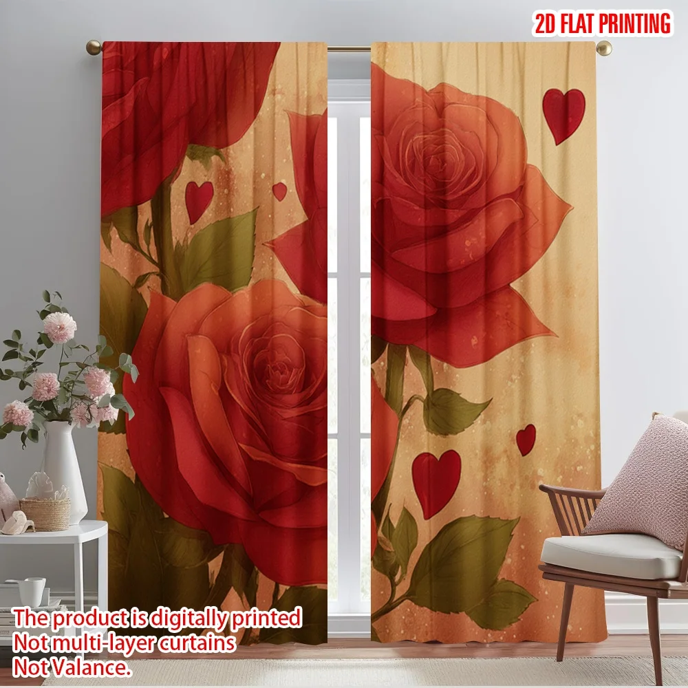 2pcs,2D plane printing Curtain Fabric Vibrant Red Roses Design Versatile Polyester Fabric (without rod) Decorations Outdoor