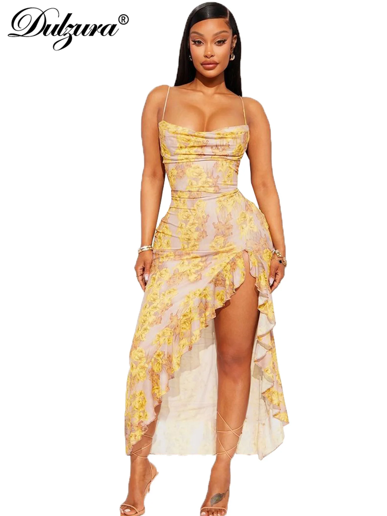 Dulzura 민소매 백리스 슬림 사이드 슬릿 프릴 프린트 캐미 맥시 드레스 섹시한 우아한 캐주얼 롱 드레스 파티 클럽 스트리트 의상