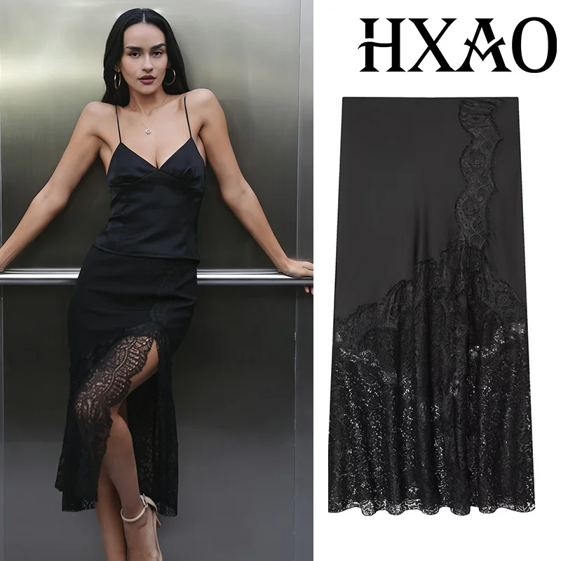 

HXAO Black Women's Skirts Satin Lace Long Skirt Women High Waist Evening Midi Skirt Slit Sexy Elegant Party Woman Skirts