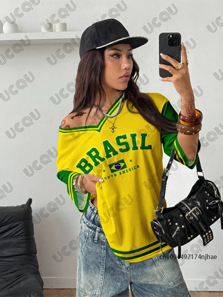 Summer New Brazil Print T Shirt For Women V-Neck Patchwork Short Sleeve Sports Football Jersey Y2K Loose Oversized Vintage Tops
