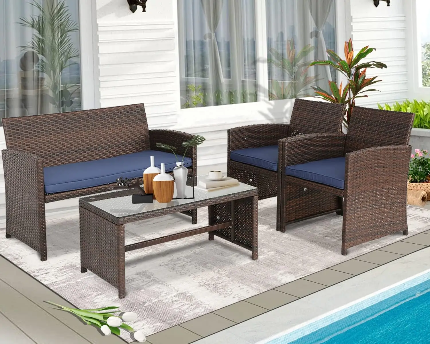 4pcs Outdoor Set PE Wicker Ratten Chairs Set Conversation Set Balcony Furniture with Cushion and Table for Backyard, Garden