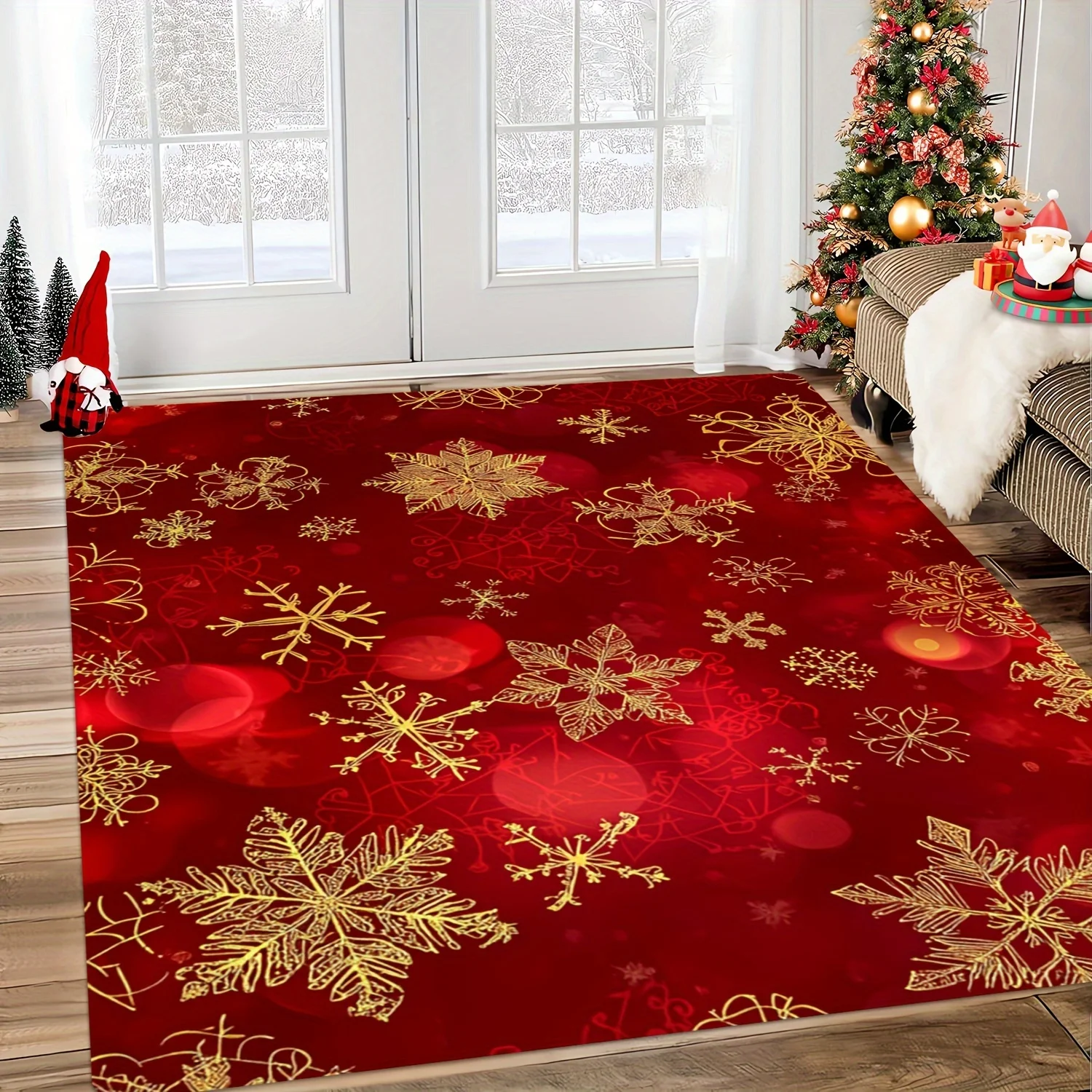 

Golden Snowflake Christmas Area Mat - Soft, Absorbent Polyester Mat with Festive Red and Golden Design for Living Room, Bedroom,