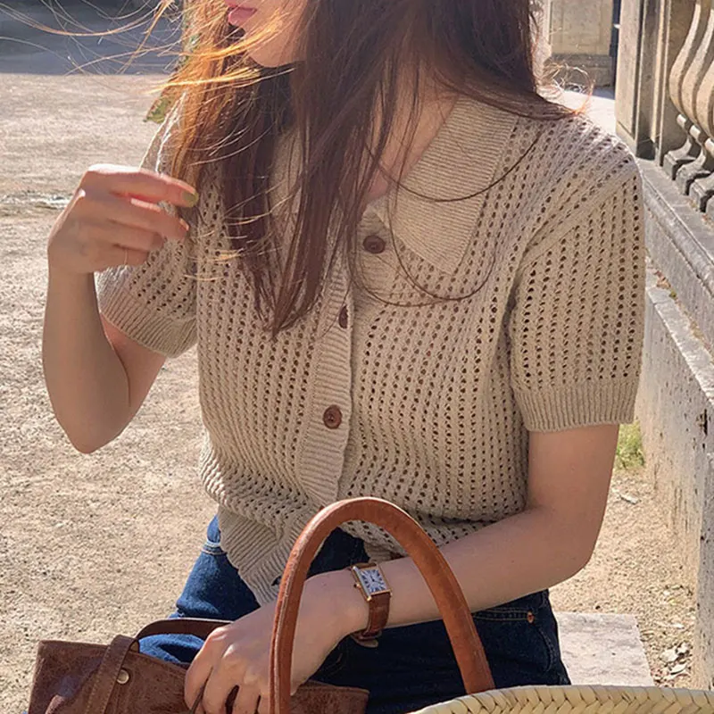 

Chic Summer Vintage Lapel Hollow Thin Single Button Loose ort Knitted Open Cardigan Top Women's Commute Sle ort Sve