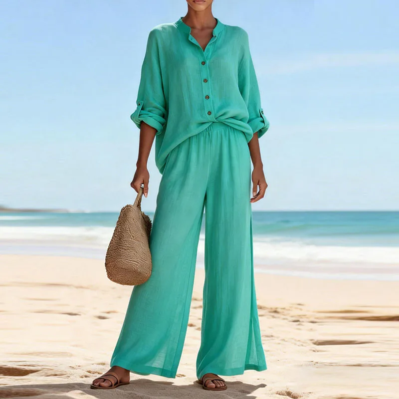 

Сексуальный комплект из блузки с круглым вырезом и пуговицами и брюк с широкими штанинами, элегантный весенний костюм из хлопка и льна, женский комплект из 2 предметов с длинными рукавами.