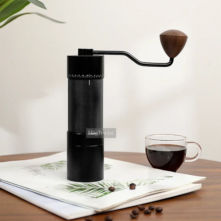 HIGHWIN New Style Coffee Grinder Manual External Adjustable Setting Portable Steel Burr Coffee Grinder with Solid Wood Knob