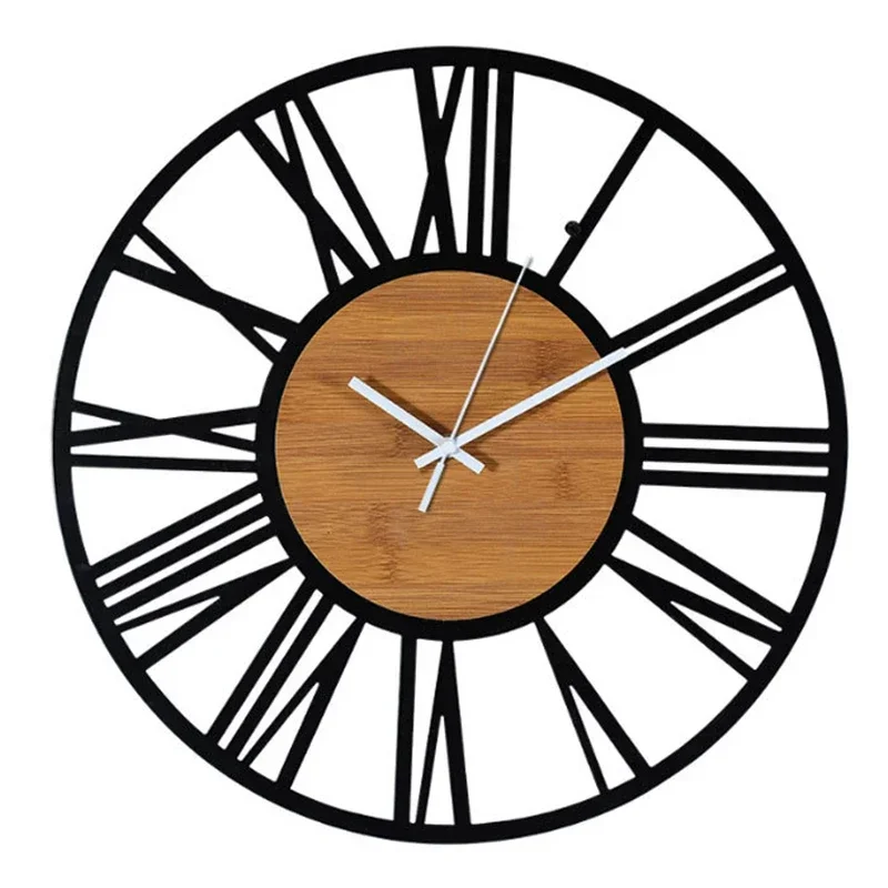 60cm Large Wall Clock XL Industrial Metal Wooden Clock Vintage Living Room Clock Silent Quartz Movement without Ticking Noises