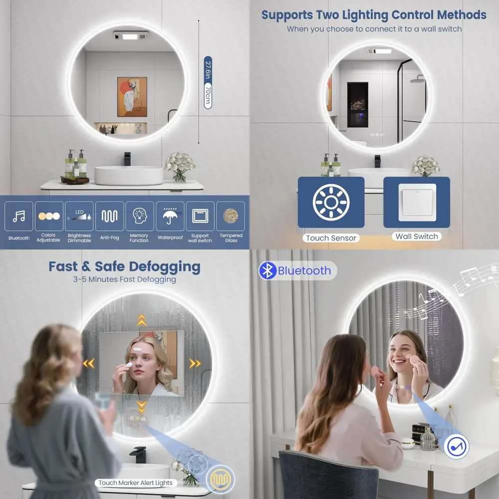 

Круглое зеркало для ванной с 28 светодиодами, Bluetooth, сенсорным управлением, регулируемой 3-цветной подсветкой, функцией антизапотевания, настенное, для туалетного столика