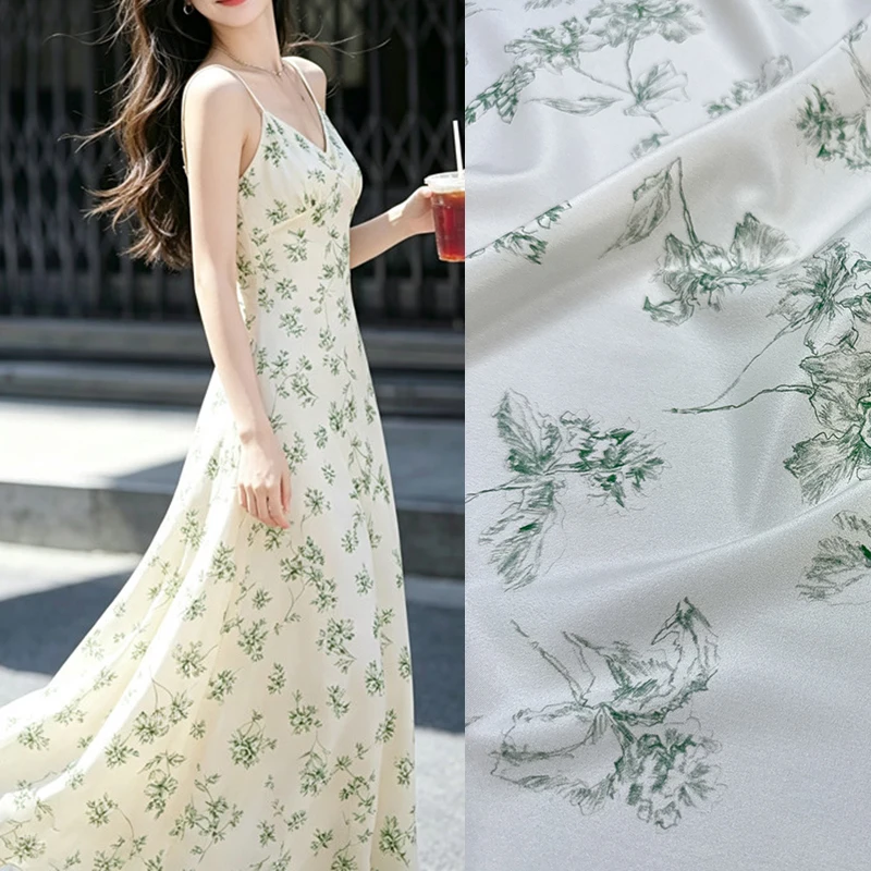 Green Printed Stretch White Silk Crepe de Chine Fabric for DIY Sewing Summer Comfortable Dress Pajamas Silk Fabric FR7022