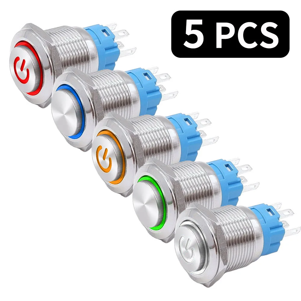 5 PCS 16mm 19mm 22mm Metal Push Button Switch 12v Ring Power Buttons Waterproof LED Light Self-lock Self-reset 220V High Head