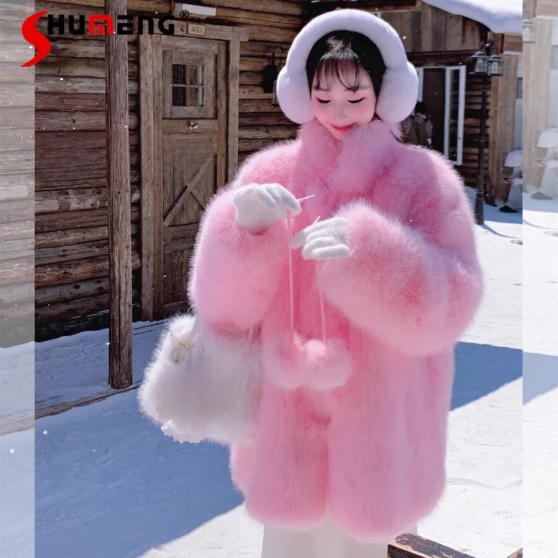 

Pink Fluffy Coat Female Winter Korean Young Sweet Warm Antifreeze Environmentally Friendly Imitation Fox Fur Women's Clothing