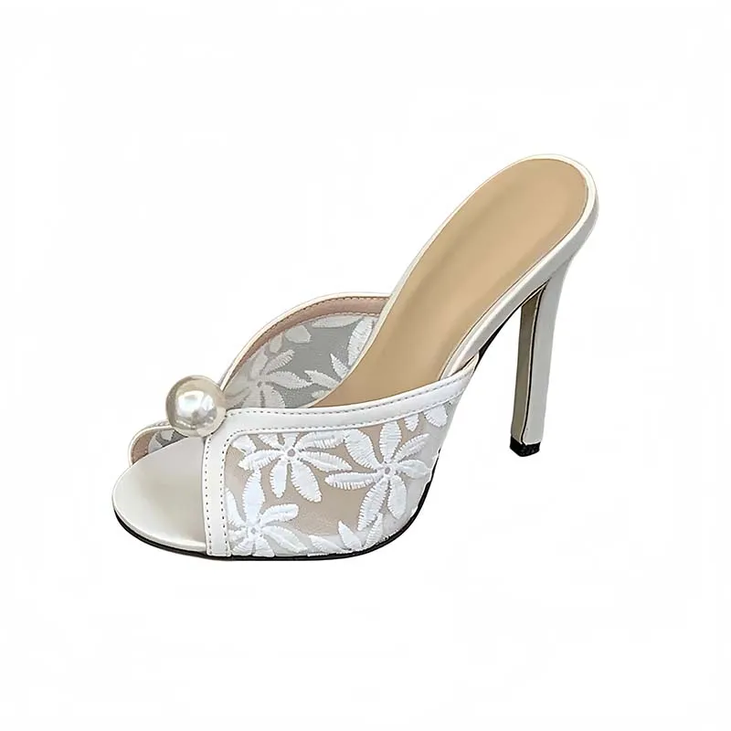 

White Stiletto Heels Sandals Ladies Bridal Shoes Summer Lace Embroidered Flowers 11cm Heeled Slippers New Sandals For Woman 2026