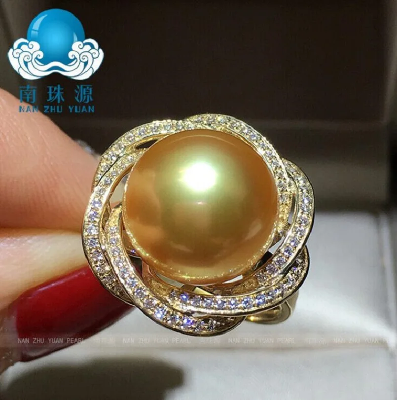 

New Hot Selling Large Quantity AAAA 11-12mm South China Sea Gold Earrings Pearl Ring 925S