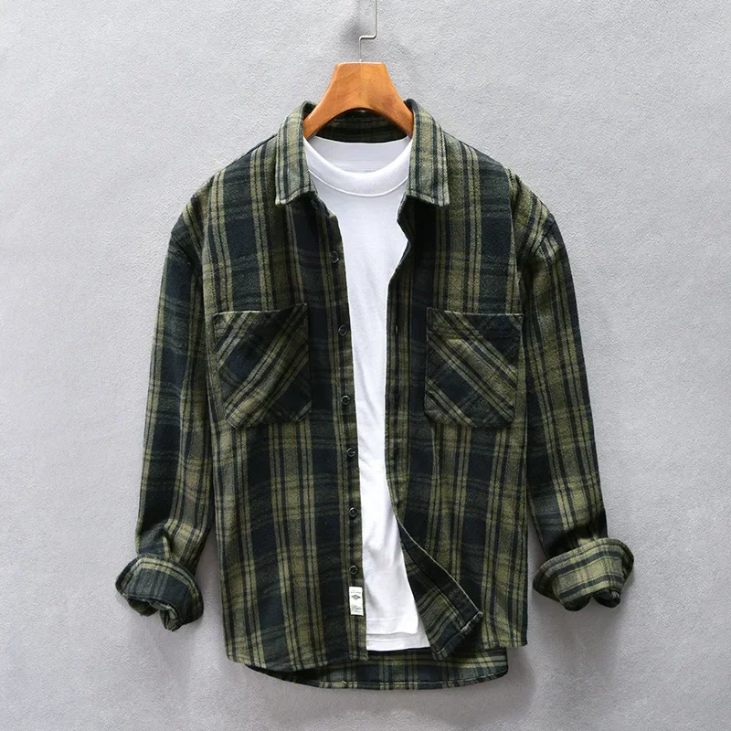 Men Clothing 2023 Shirt Men's Senior Sense Spring and Autumn Style Long-sleeved Plaid Shirt Tide Brand Retro Cotton Loose Coat