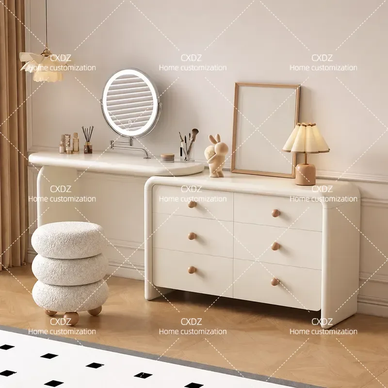 Cream Solid Wood Dresser with Drawers Modern Simple Bedroom Storage Chest Bedside Makeup Organizer Integrated Design