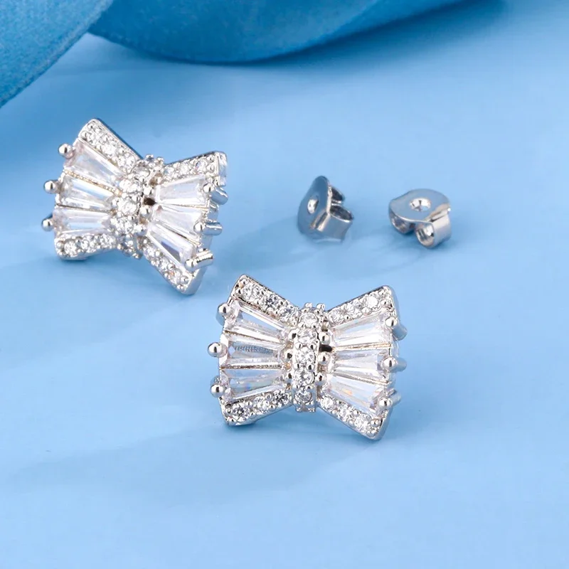 New Delicate Bow Earrings Super Shiny AAAA Full Diamond Zircon Ladies High Fashion Jewelry 925 Silver Birthday Gift