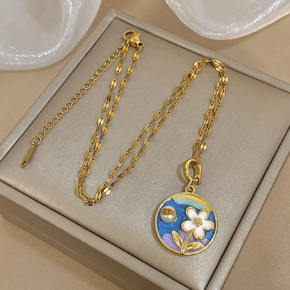 Chic Oil Painting Style Flower Pearl Enamel Abstract Necklace Fashion Golden Stainless Steel Chain Pendant Necklaces Jewelry