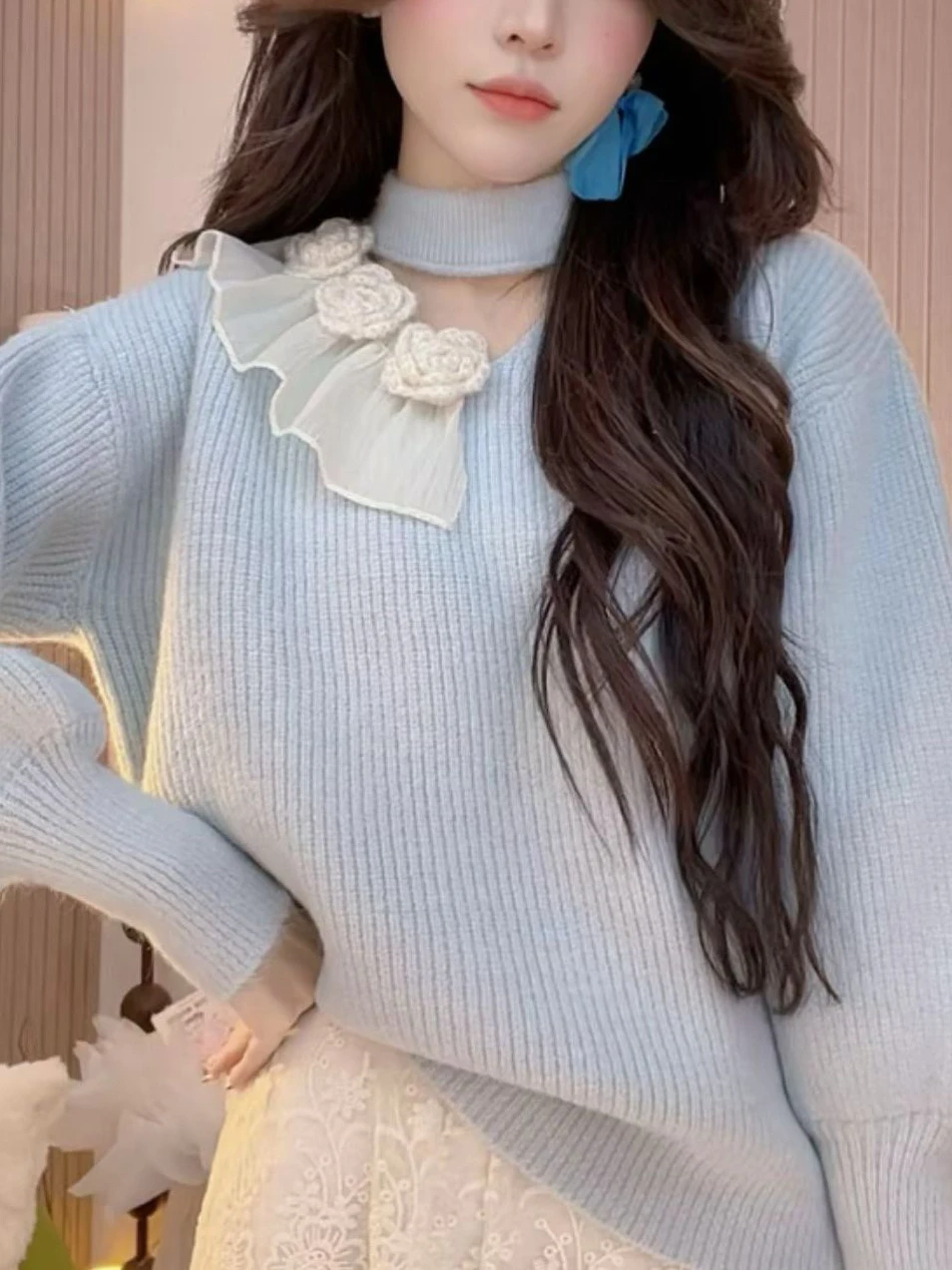 Blue Knitted Hollow out Sweater Women's Autumn Winter plus Size Fluffy Warm Floral 3D Aosphere Sense Slimming Top Trendy