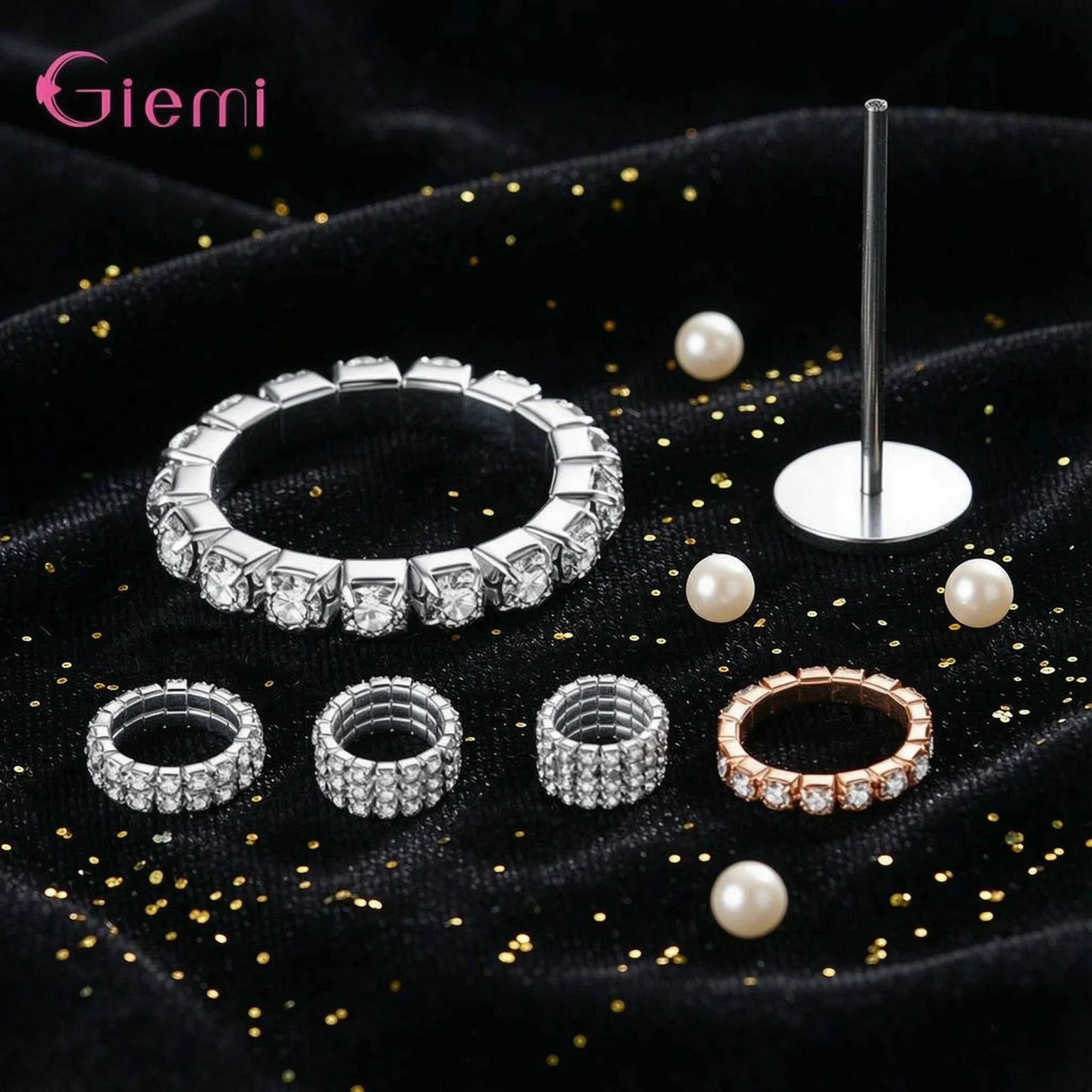 Shiny 925 Sterling Silver Multi Rows Crystal Cubic Zircon Stretch Rings For Women Girls Anniversary Party Fashion Jewelry Gifts