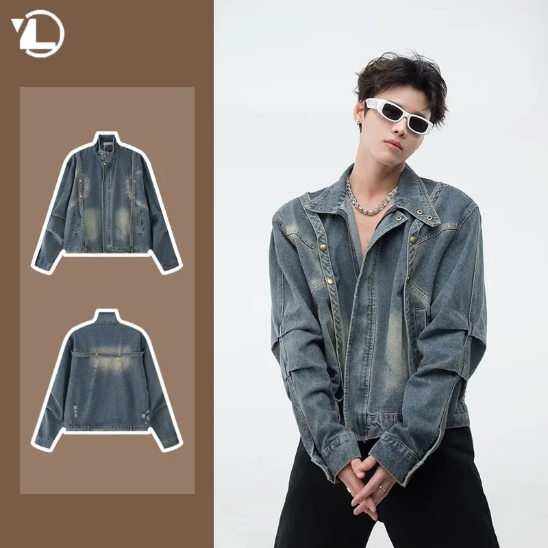 Blue Washed Mens Denim Jacket American Street Hip-hop Loose Bomber Coat Retro Unisex Casual Zipper Design Cowboy Outwear 2023