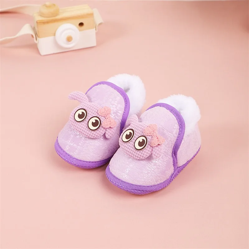 Baby Girls Plush Shoes Cute Cartoon Big Eye Warm Non-Slip First Walking Soft Sole Shoes