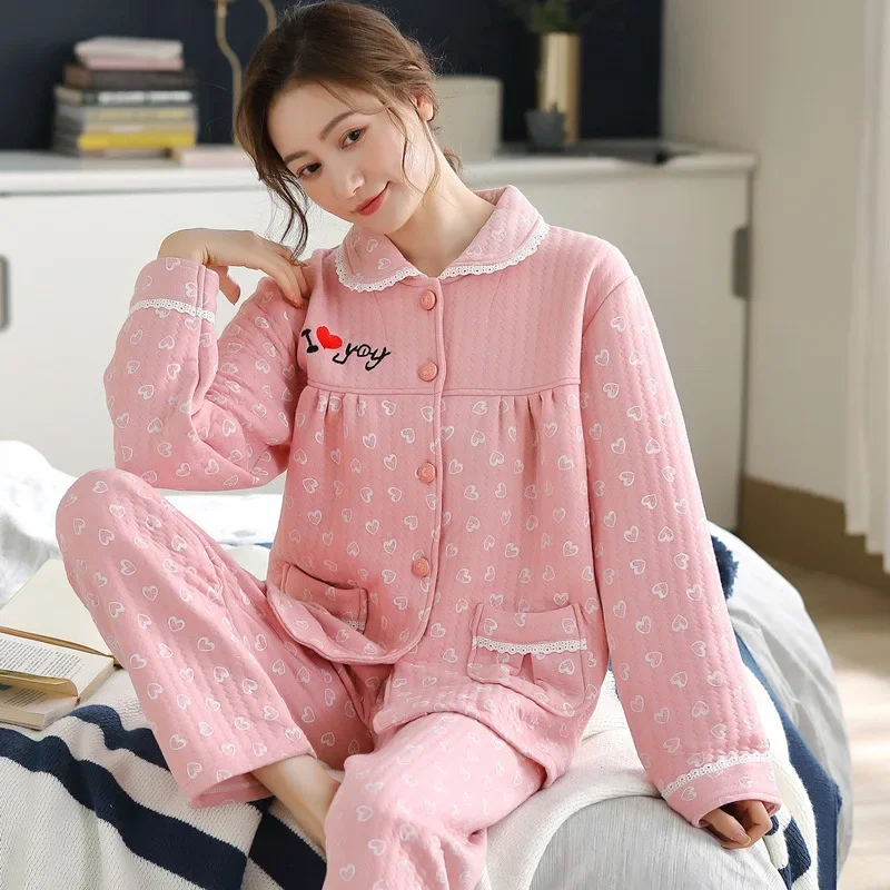 

Autumn Winter Pajamas Sets Women Sleepwear Cute Loungewear Long Sleeve Cardigan Pants Two Pieces Thick Cotton Warm Pijama Mujer