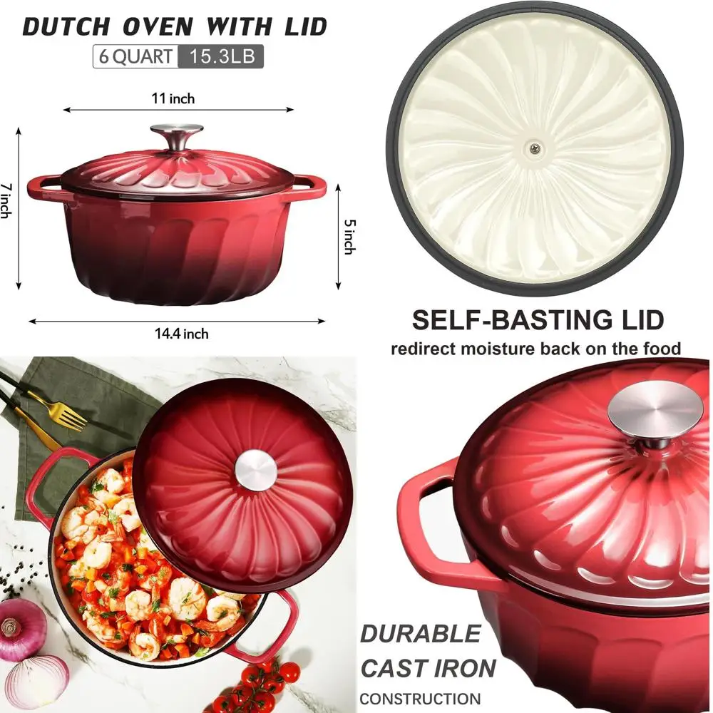 

6-Quart Enamel Cast Iron Dutch Oven - Bread Baking Pot, Heavy Duty for Braising, Cooking, Baking, Oven Safe on All Cooktops, Red
