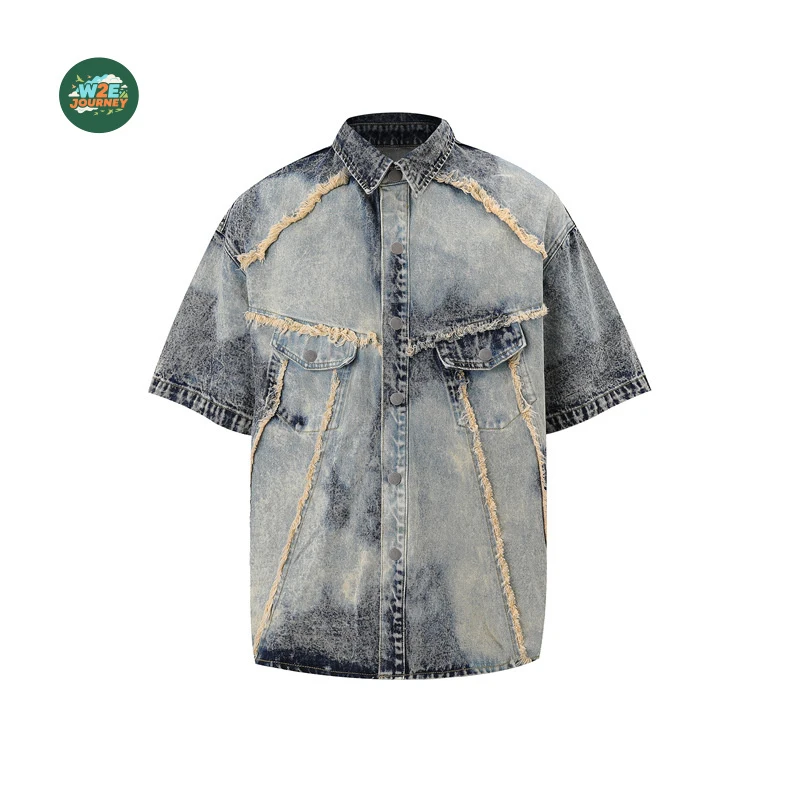 W2EJOURNEY Luxury Quality EU US Size Outdoor Wear  Washed Short-sleeve Denim Men Jean Shirt Jacket Shorts Set view 4