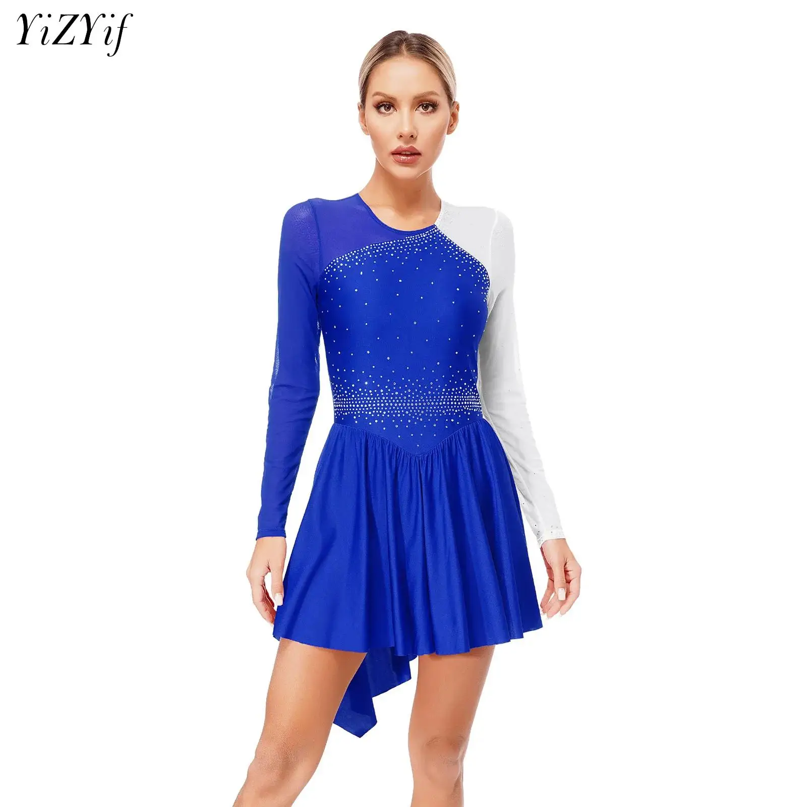 Women Figure Ice Skating Dress Ballet Dance Leotard Rhinestone Mesh Lyrical Dance Competition Costume Irregular Hem Dancewear