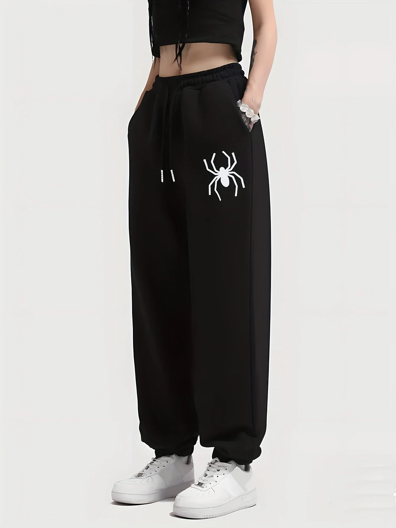 Simple Spider Printing Women\'s Elastic Waist Pants Jogger Fleece Drawstring Long Pant Fashion Casual Female Sports Sweatpants