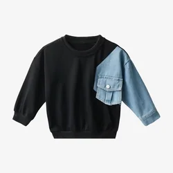 Baby Boys Denim Sweatshirt Kids Stitching Sleeved Loose Outerwear 2024 Spring Autumn Children's Casual Hoodies Clothes