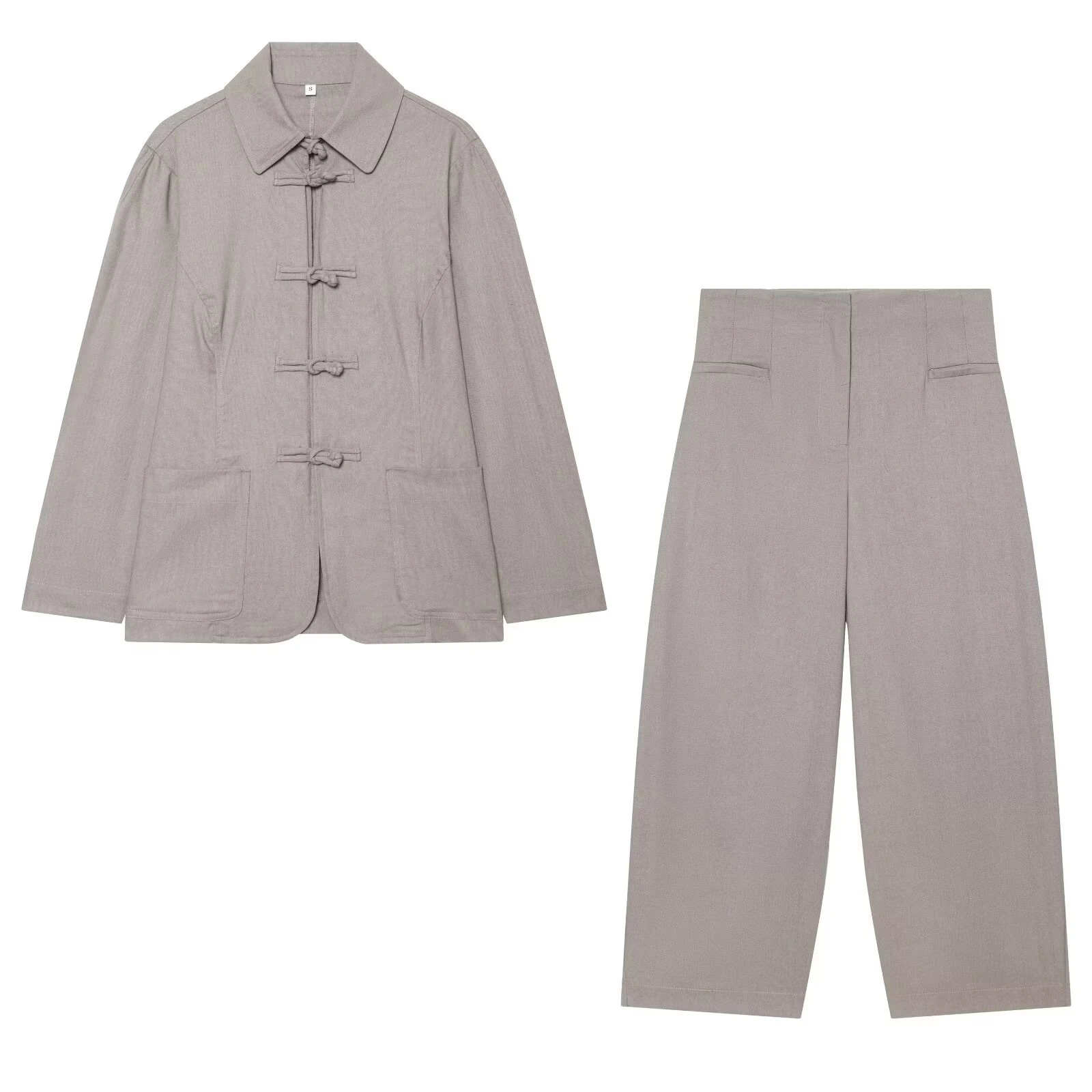 Summer women's long sleeved lapel rope buttoned new Chinese style jacket mid waist curved knife casual pants set