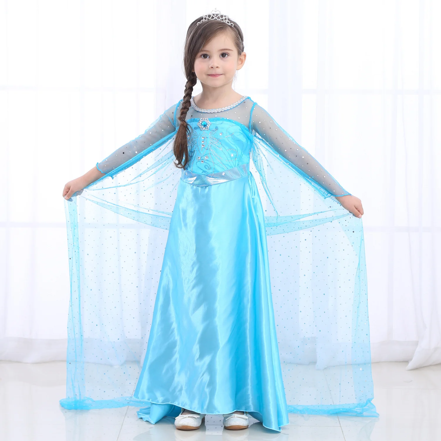 Girls Elsa Inspired Frozen Princess Costume Dress Blue Tulle Gown With Long Train For Halloween Birthday Party Role Play view 4