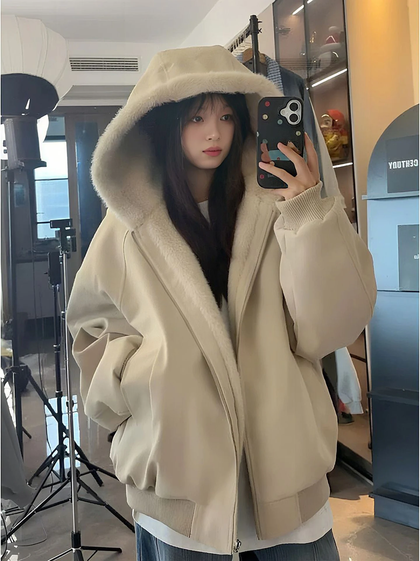 

Men's Winter PU Leather Hooded Jaet with Fur Collar Fce Lined ort Thiened Work Cotton Coat Youth Faion Warmth