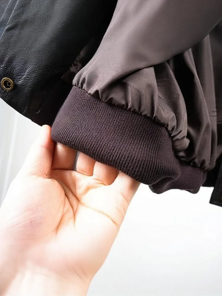 مكتب السيدات واحدة الصدر جيب طويلة الأكمام جلد طبيعي سترة فضفاضة ساحة الرقبة جلد الغنم مختلط اللون معطف قصير