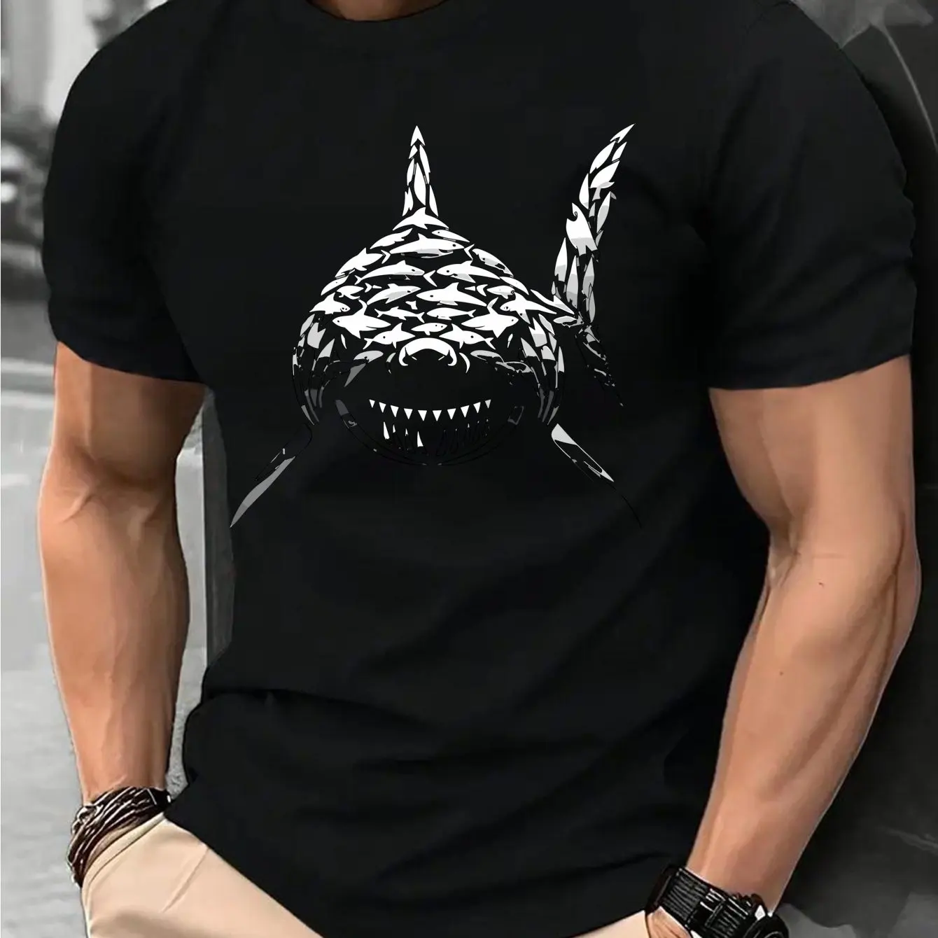 White with Bold Shark Design Printed T-shirt Men Women Cotton Loose Casual Short Sleeve T-shirt Men's T-shirt Men's Clothe