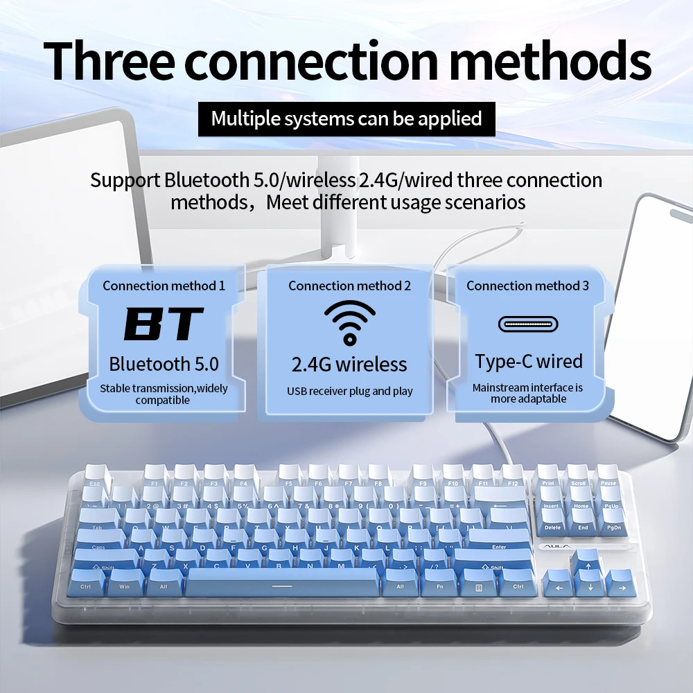 AULA-L87 Teclado mecânico sem fio, 2.4g, USB, Bluetooth, Tri Mode, 87 Key, RGB, PBT Gasket, 5 camadas de silenciamento, chave completa, sem impacto