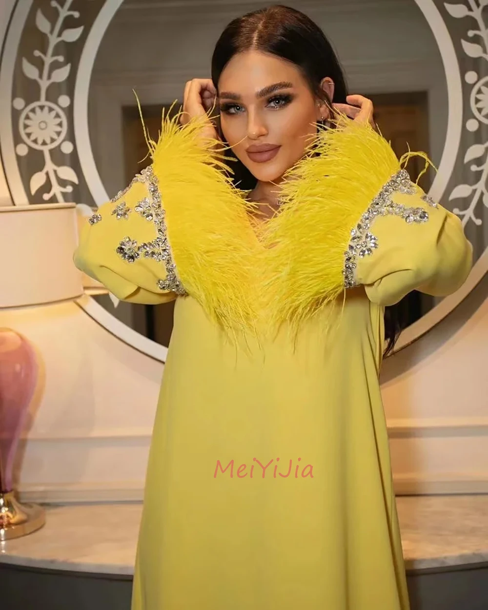 MeiYiJia Simple Sweetheart Feather Beaded Long-Sleeves Ankle-Length Saudi Arabia Sexy Evening Birthday Club Outfits Summer 2024