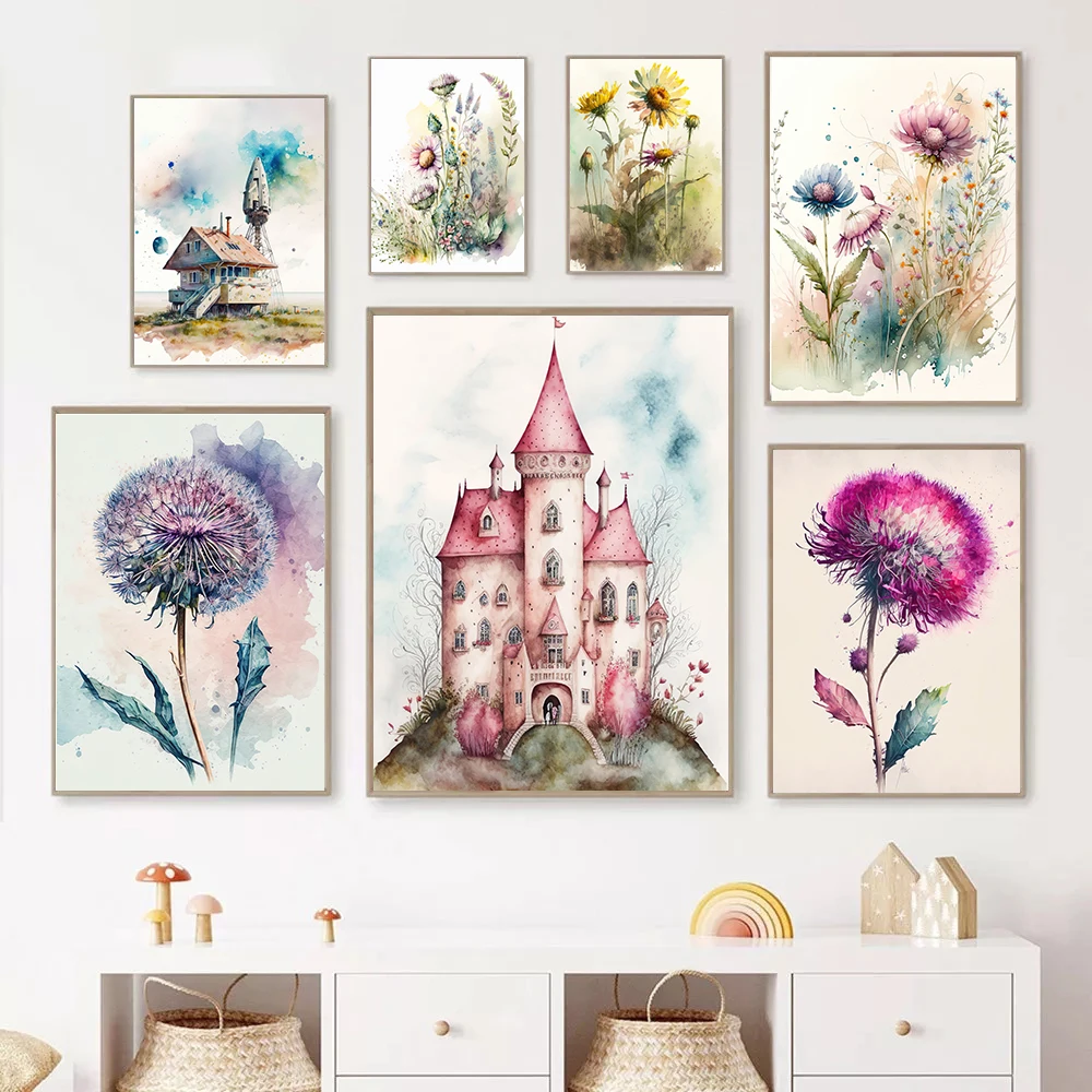 Castle Flowers Lighthouse Colored Dandelions Coloured Drawing Fashion Wall Art Canvas Painting Nordic Poster Room Decor