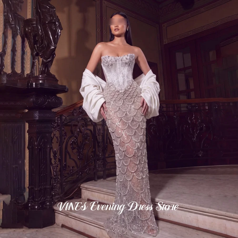 VINES Luxury Women Silver Strapless Prom Dress Beaded Elegant Evening Gown Scale Lace Satin Bow Mermaid Party Dress Customized