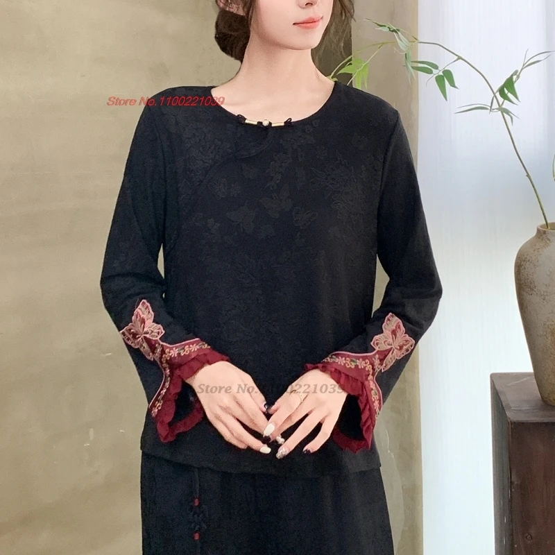 

2025 г., народная рубашка с национальной цветочной вышивкой и круглым вырезом, ретро топы ханьфу, этническая жаккардовая традиционная рубашка, винтажная этническая базовая рубашка