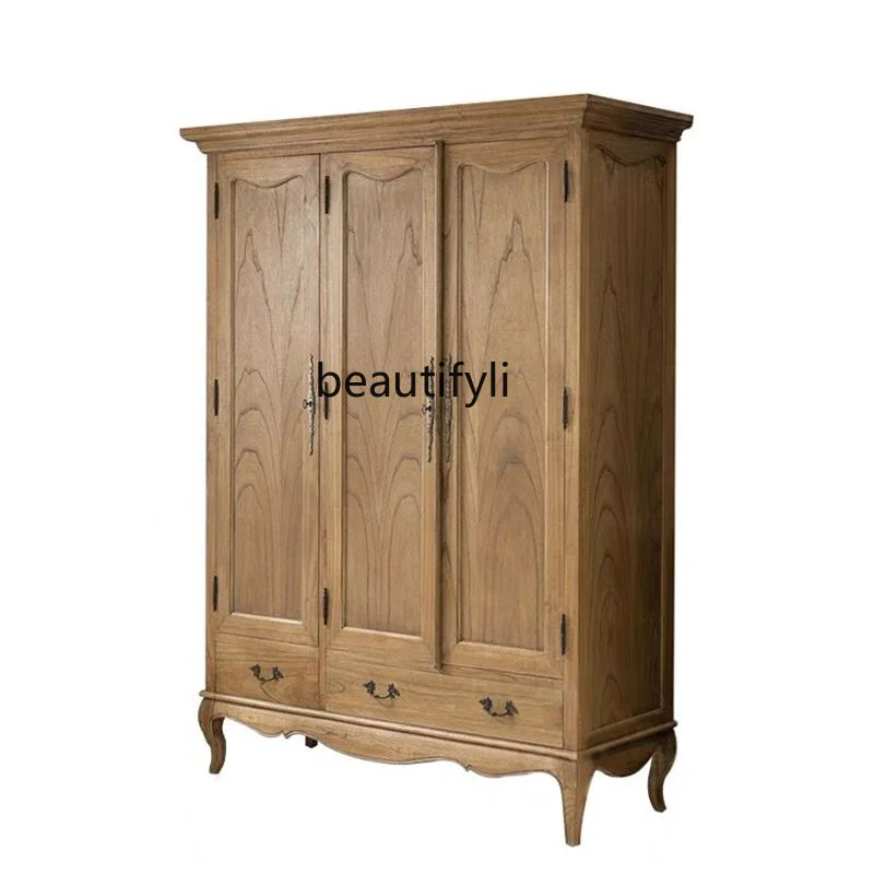 

Solid Wood Oak Wardrobe Four-Door Double-Door Three-Door Double-Door Wardrobe French Retro Simple Home Assembled Cabinet