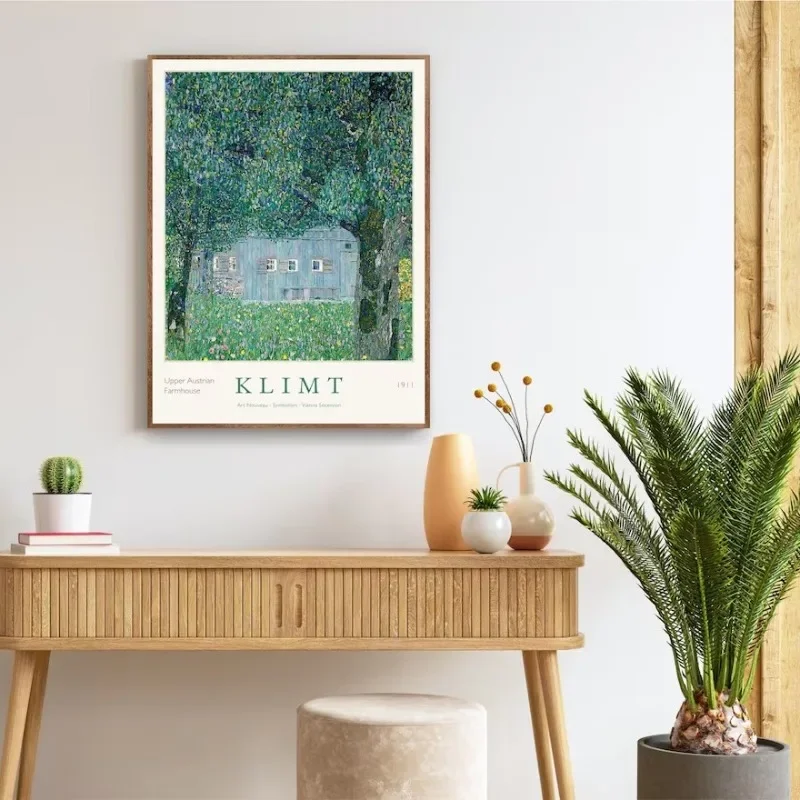 1pc frameless Canvas Painting Gustav Klimt Art Print Exhibition Poster Farmhouse Birch Tree Pond Landscape Canvas Painting Wall