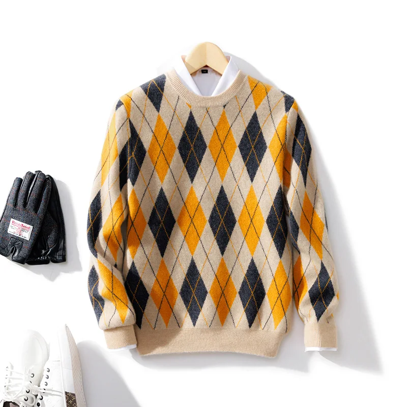 

2025 New 100% Pure Wool Sweater Men's Diamond Color Block Thickened Sweater Loose British Style Knitted Base Shirt Pullover