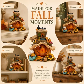 Hodao Resin Thanksgiving Harvest Scarecrow Figurine Figure Model, Pumpkin Face Autumn Decor with Give Thanks Sign & Cute Black Crows, Rustic Farmhouse Tabletop Statue with Straw Hat & Sunflower, Holiday Accent Ornament for Home Shelf Mantel Display 5
