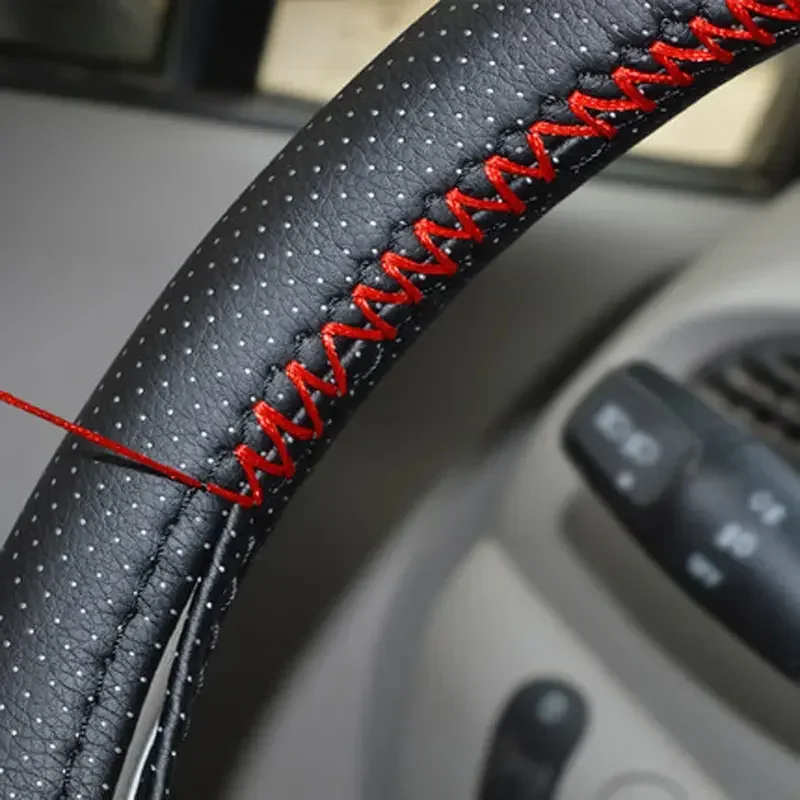 Universal Car Steering Wheel Stitch On Wrap Cover DIY Sewing Breathable and Anti Slip Black Red Hole Smooth