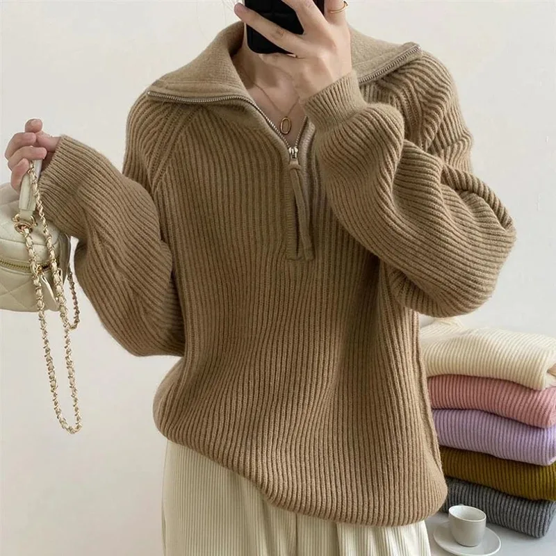 Women Autumn Winter Loose Long Sleeve Knitted Sweater Korean Fashion Half Zipper Turn-down Collar Pullover Sweater Casual Tops