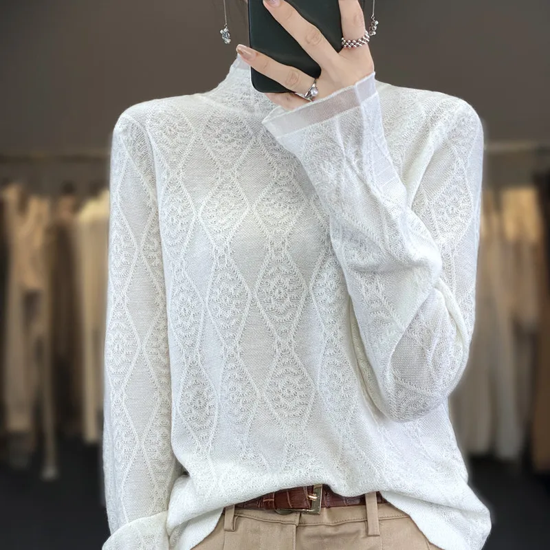 

Knitted Wool Sweater Women's Lace Hollowed Out High Neck Long Sleeved Close Fitting Comfort Bottom pullover 2024 Autumn/Winter