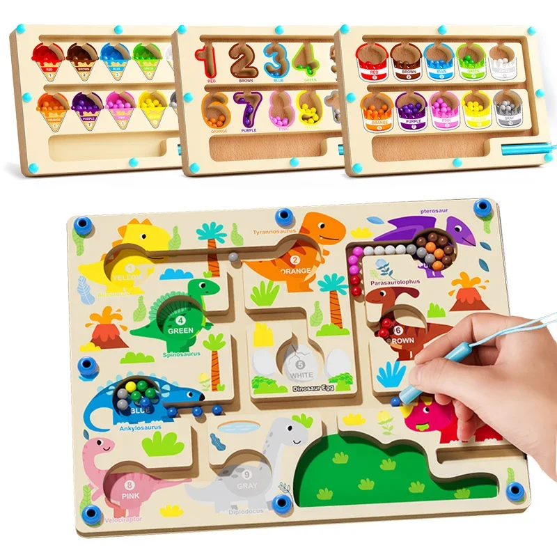 Montessori Magnetic Color Sorting Games Maze Board Pen Moving Bead Games Wooden Control Sensory Play Educational Toys for Kids