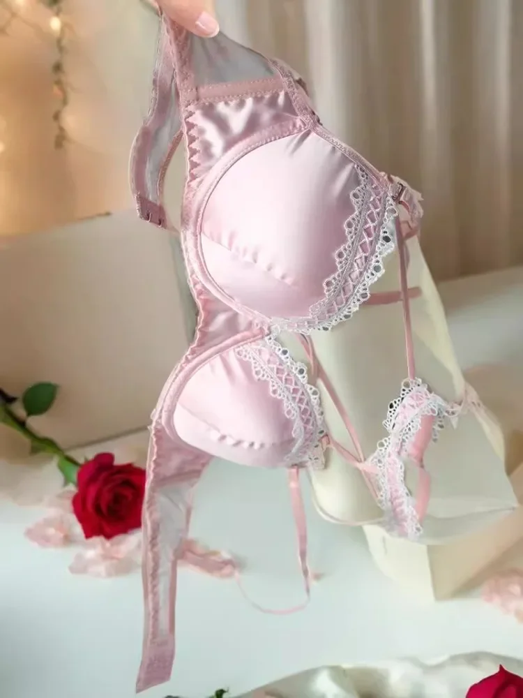 MOYISU Pure Desire Sexy Satin Patchwork Lace Bra Set Pink Halter Underwear for Young Men Dreamy Lolita Style