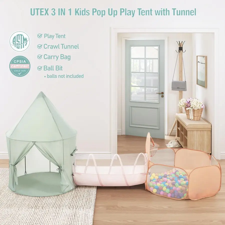 Tenda da gioco per bambini con tunnel, tenda da gioco pop-up 3 in 1 con pozzo di palline, tunnel da gioco per bambini piccoli, ragazzi, ragazze, interni ed esterni
